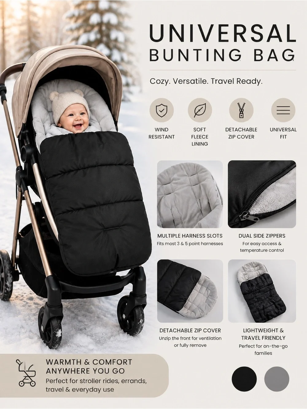 Universal Travel Bunting Bag Footmuff Stroller Cozy Black Gray Fleece Zip Cover